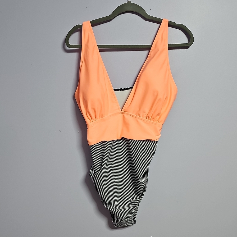 Orange‎ and Black Striped One Piece Swimsuit Deep V-Neck